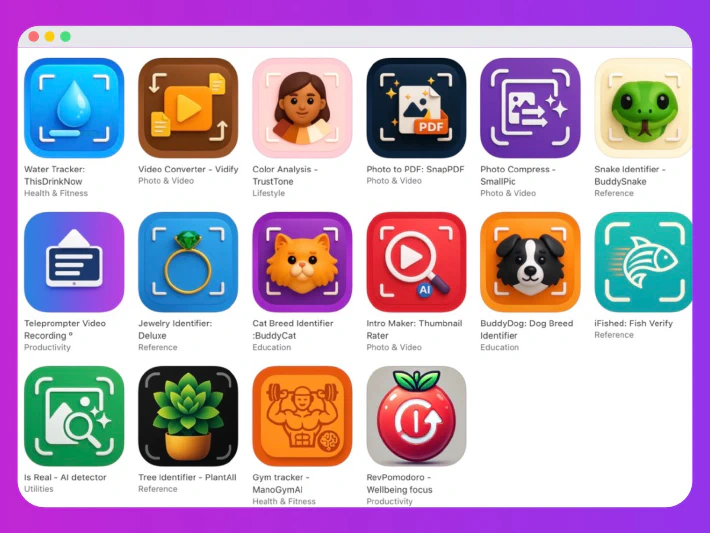 A single developer’s App Library, showing the same app reskinned over and over again